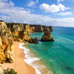 Coastal beach scene with cliffs