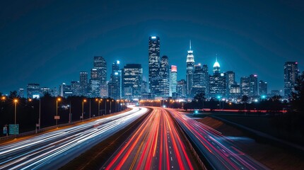 Fototapeta premium Cityscape with light trails from traffic on a highway leading into the illuminated urban skyline under a crescent moon.