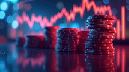 Close-up of stacks of coins in front of a financial chart displayed on a monitor, Economic crisis with stacked coins and digital financial decline indicators