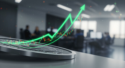 Financial Market Growth with Green Arrow and Candlestick Chart in Modern Office