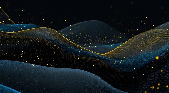 Abstract digital landscape. Dynamic, flowing forms of dark teal and gold particles create undulating hills against a dark background. Speckles of gold shimmer throughout