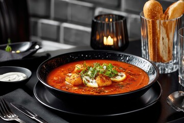 Spicy orange soup in a black bowl, garnished with seafood and herbs, served with baguette slices, on a dark table