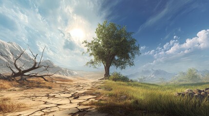 Climate Change Concept Showing Tree Between Drought and Lush Green Nature