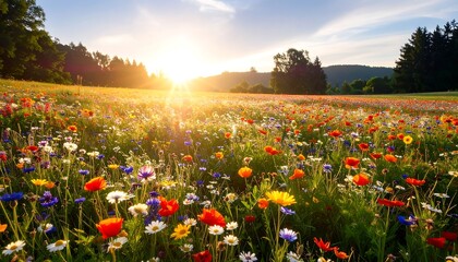 Vibrant wildflower field at sunrise with colorful blooms and distant trees under a clear sky