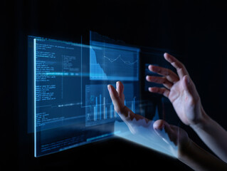 Hands interacting with a futuristic holographic interface displaying complex code and data visualizations. Represents advanced technology, artificial intelligence, software development, and digital in