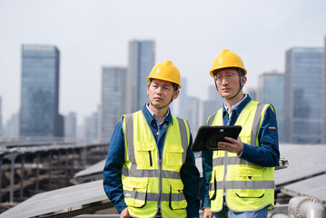 asian engineer working with digital tablet in solar power station