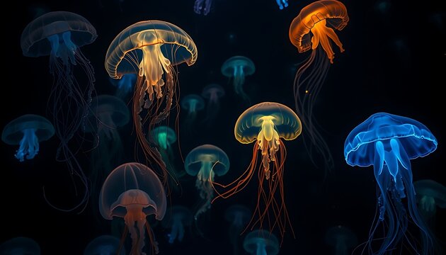 Bioluminescent Jellyfish Ballet in the Deep - Powered by Adobe