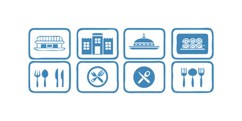 Illustration of restaurant, hotel, food and cutlery icons for web design, app design, user interface and graphic design projects around 190 characters