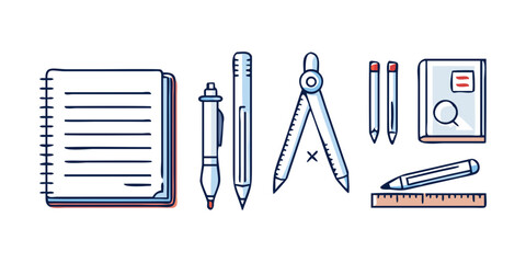 Illustration of school and office supplies including notebook, pen, compass, pencil, book and ruler, perfect for educational or business related designs