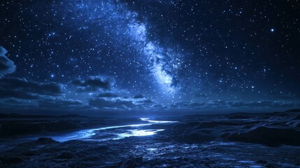 Fototapeta premium A breathtaking night sky filled with stars and a glowing Milky Way over a serene landscape, reflecting on the water below.