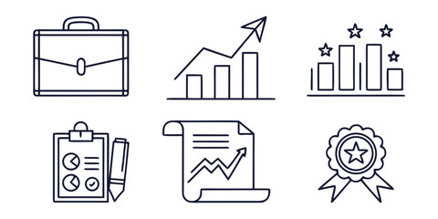 Vector art of business success and achievement icons set featuring a briefcase, growth chart, laptop, clipboard, target with arrow, and award ribbon in a minimalist outline style