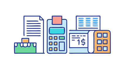 Vector art of colorful line art illustration of payment and financial icons, including a cash register, receipt, and credit card terminal