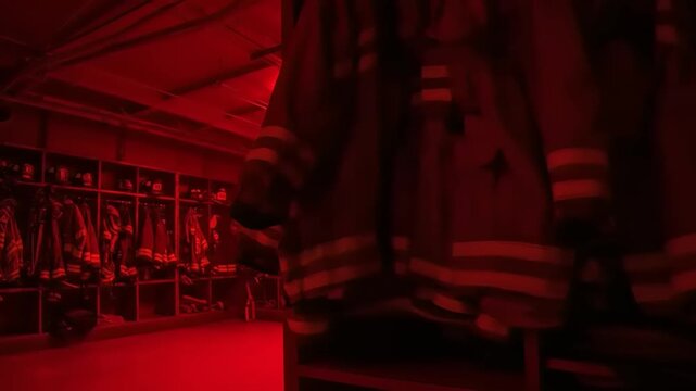 Firefighter locker room illuminated in red light, showcasing uniforms and equipment in organized rows