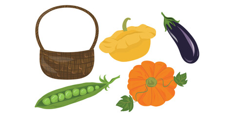 Vegetable assortment clipart, Rustic vegetable collection, Basket and vegetable clipart