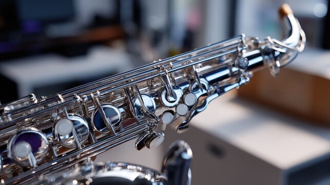 Polished saxophone headjoint showcasing intricate details and reflective surfaces in a close-up view.