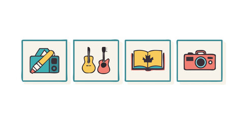 Vector art of illustration set of creative icons, featuring a camera, guitar, book, and pencil, ideal for music, photography, and artrelated projects