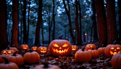 A Halloween themed scene with multiple jack o' lanterns and trees, set at dusk in a forested area with a dark sky and leaves on the ground.