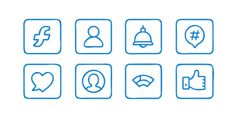 Vector art of set of hand drawn social media icons, featuring user profile, notifications, likes, and shares, perfect for enhancing your digital content and designs