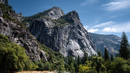 Naklejka premium Majestic granite cliffs rise above a lush valley landscape, showcasing the grandeur of nature's artistry.
