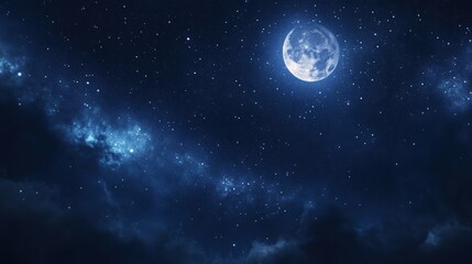 Fototapeta premium A serene night sky filled with stars and a glowing moon, creating a tranquil and mystical atmosphere.