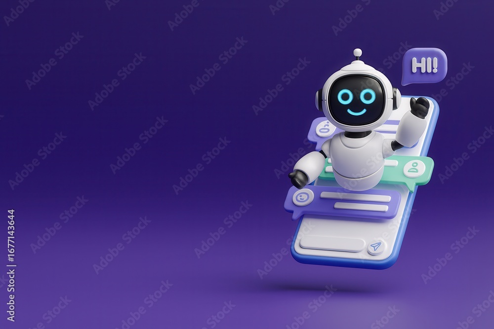 Poster 3d chatbot character emerging from smartphone screen with speech bubble,fun artificial intelligence 