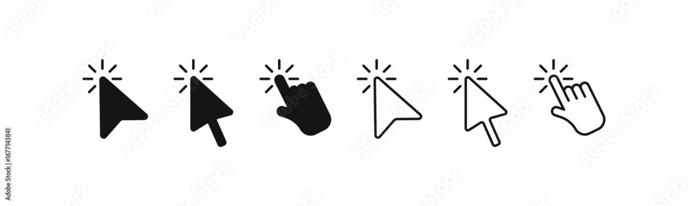 Poster Click cursor icons in flat and outline styles. A versatile set of vector graphics for navigation, selection, and interactive design