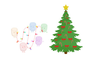 A festive Christmas illustration featuring a green tree with red bows and candy canes, paired with colorful marshmallows connected by a garland with a gold star on top, on a white background.