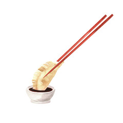 Asian sticks with steamed Chionese dumpling jiaozi and soy sauce. Asian food clipart. Hand-drawn watercolor illustration on the topic of Asian cuisine, Chinese cooking, Chinese New Year food
