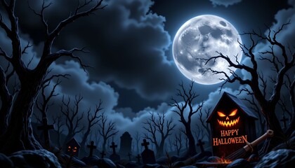 Fototapeta premium A Halloween night scene with a spooky graveyard under a full moon, festooned with skeletons and tombstones, and featuring a large, eerie Halloween display in the background