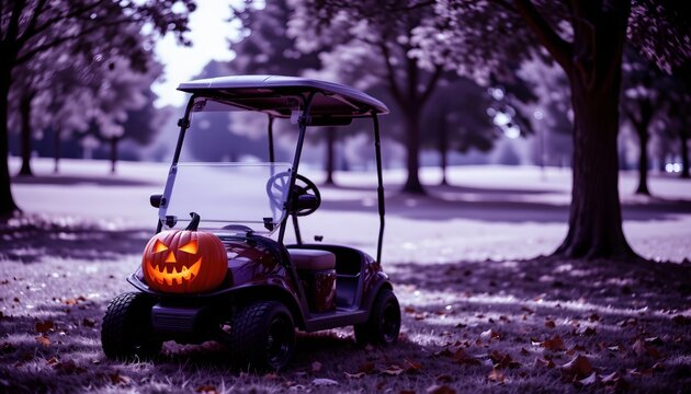 A Halloween themed golf cart parked in what appears to be a park or similar outdoor setting.