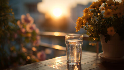 Naklejka premium Glass of water on outdoor table with flowers at sunset