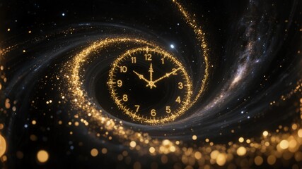 Dream black universe, interstellar galaxy, golden particle vortex rotation, the time scale composed of particles slowly rotating