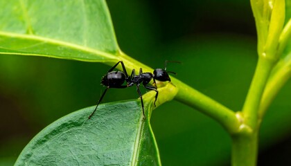 Close-up of black ant on leaf