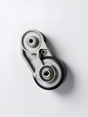 Unbranded belt tensioner mechanism with mounting bracket and modern shape isolated on neutral pale surface