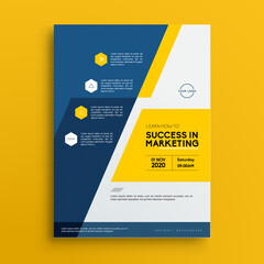 Learn How To Success in Marketing" Vector Flyer or Poster Design Template with Bold Blue and Yellow Diagonal Shapes, Infographic Elements, and Modern Corporate Layout