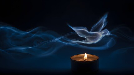 Candle with a dove-shaped flame glowing in the twilight, creating a mystical ambiance.
