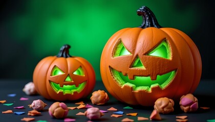 A Halloween themed display featuring two carved pumpkins and candies scattered around them, against a dark background with green lighting suggesting a spooky setting.