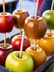 Caramel toffee apples on sticks on a food stall, close up