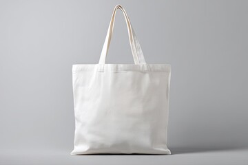 Empty white canvas tote bag against gray background