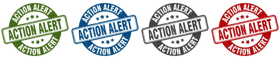 action alert stamp. action alert round stamp set isolated on white background