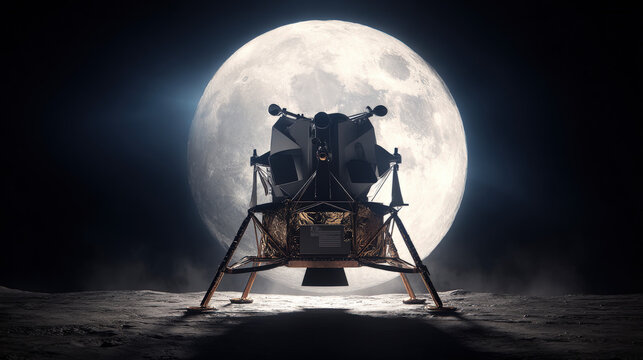 shot of moon lander silhouette against giant Earthrise backdrop minimalistic composition high contrast illustration concept scene visual for commercial design use high detail quality stock image