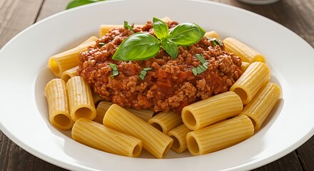 Delicious Rigatoni Pasta with Rich Meat Sauce and Fresh Basil Topping