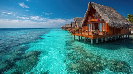 Tropical overwater bungalows.  Crystal-clear turquoise water surrounds a row of wooden beachfront villas with thatched roofs.  Sunny blue sky