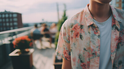 Obraz premium man in casual pastel shirt, stylish summer vibe, blurred rooftop bar atmosphere
