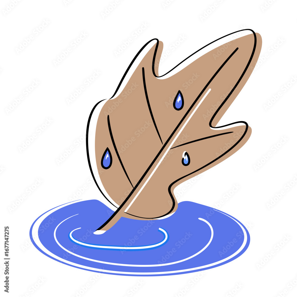 Poster leaf floating on water surface with droplets in calm setting
