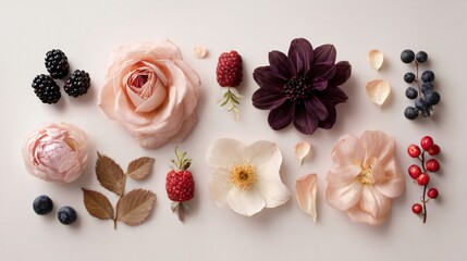 Blush and beige floral flat lay with seasonal berries and petals, composed symmetrically on a chalk white background