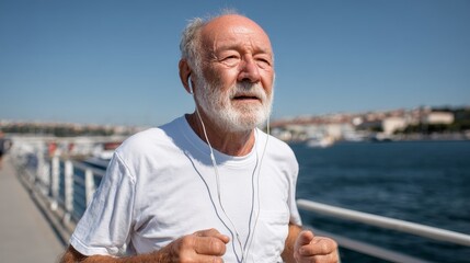 Elderly man jogging outdoors by the water activity for aging population vibrant environment upbeat concept