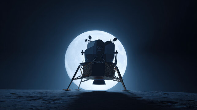 shot of moon lander silhouette against giant Earthrise backdrop minimalistic composition high contrast illustration concept scene visual for commercial design use high detail quality stock image