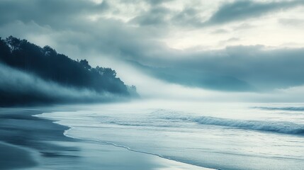 Obraz premium A tranquil coastal scene featuring waves, mist, and distant trees under a cloudy sky, creating a serene atmosphere.