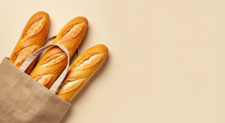 Fresh Baguettes in Natural Canvas Bag on Beige Background